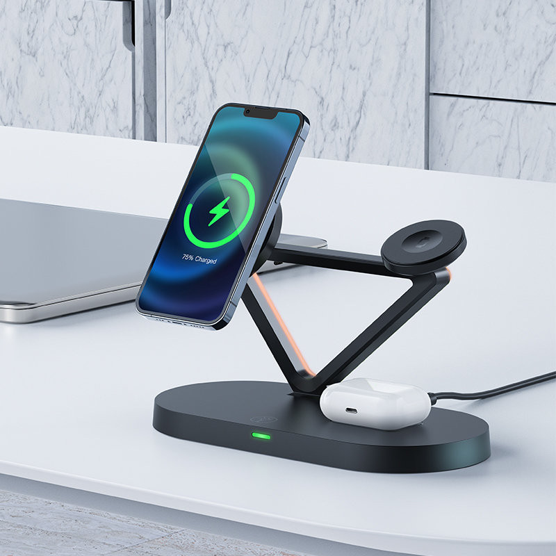 3in1 Qi 15W belaidis įkroviklis ir stovas iPhone Apple Watch ir AirPods juodos spalvos