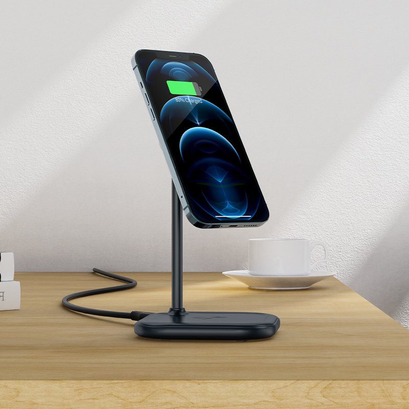 2in1 Qi 15W belaidis įkroviklis ir stovas iPhone ir Apple AirPods E6 juodas