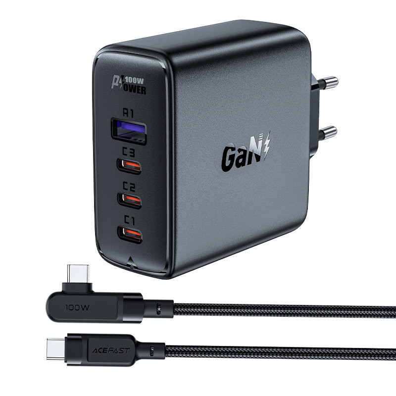 
GaN greitas įkroviklis 3x USB-C 1x USB-A + kampinis USB-C laidas 100W 2m juodas
