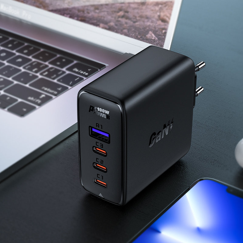 GaN greitas įkroviklis 3x USB-C 1x USB-A + kampinis USB-C laidas 100W 2m juodas