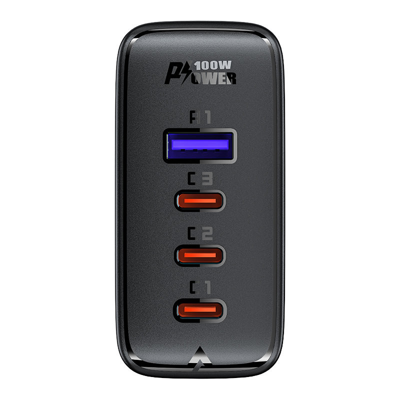 GaN greitas įkroviklis 3x USB-C 1x USB-A + kampinis USB-C laidas 100W 2m juodas