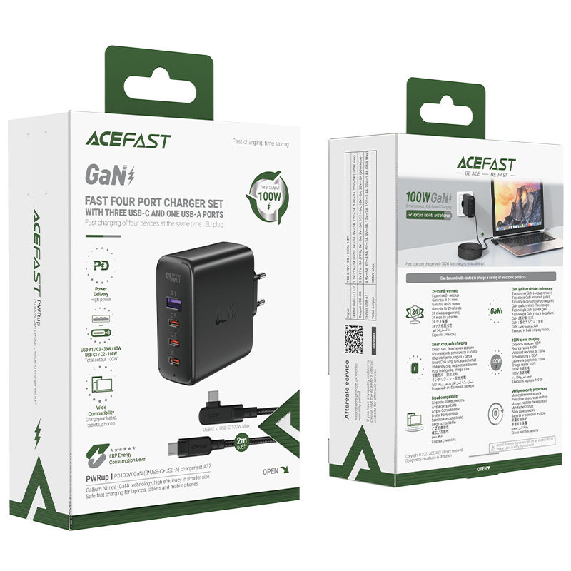 GaN greitas įkroviklis 3x USB-C 1x USB-A + kampinis USB-C laidas 100W 2m juodas