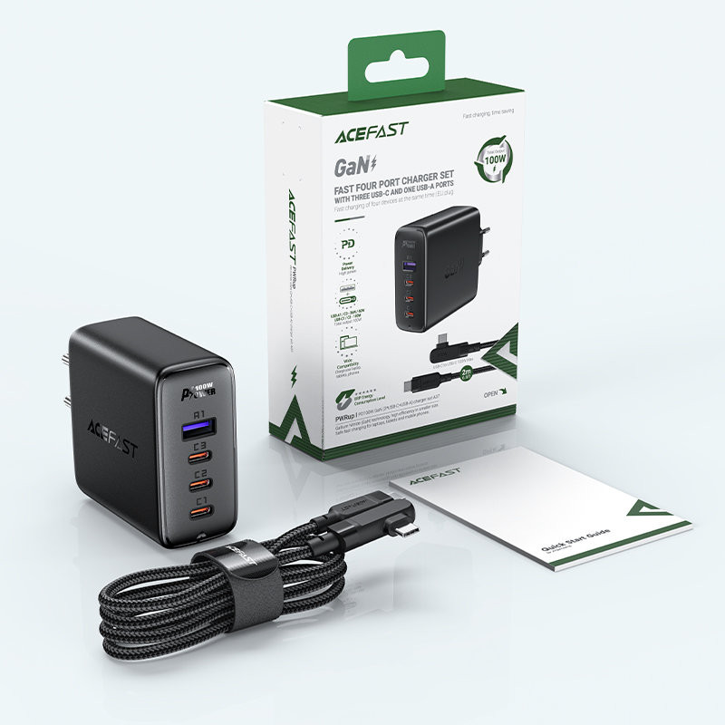 GaN greitas įkroviklis 3x USB-C 1x USB-A + kampinis USB-C laidas 100W 2m juodas