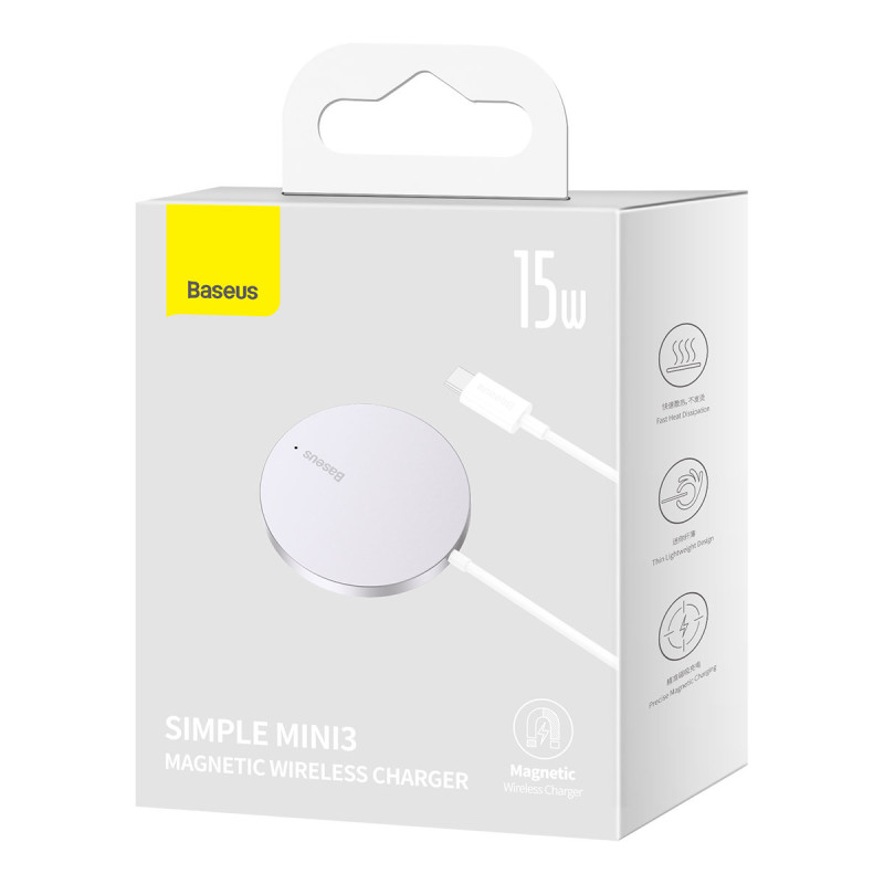 Mažas indukcinis įkroviklis MagSafe Simple Mini3 15W telefonui, sidabrinis