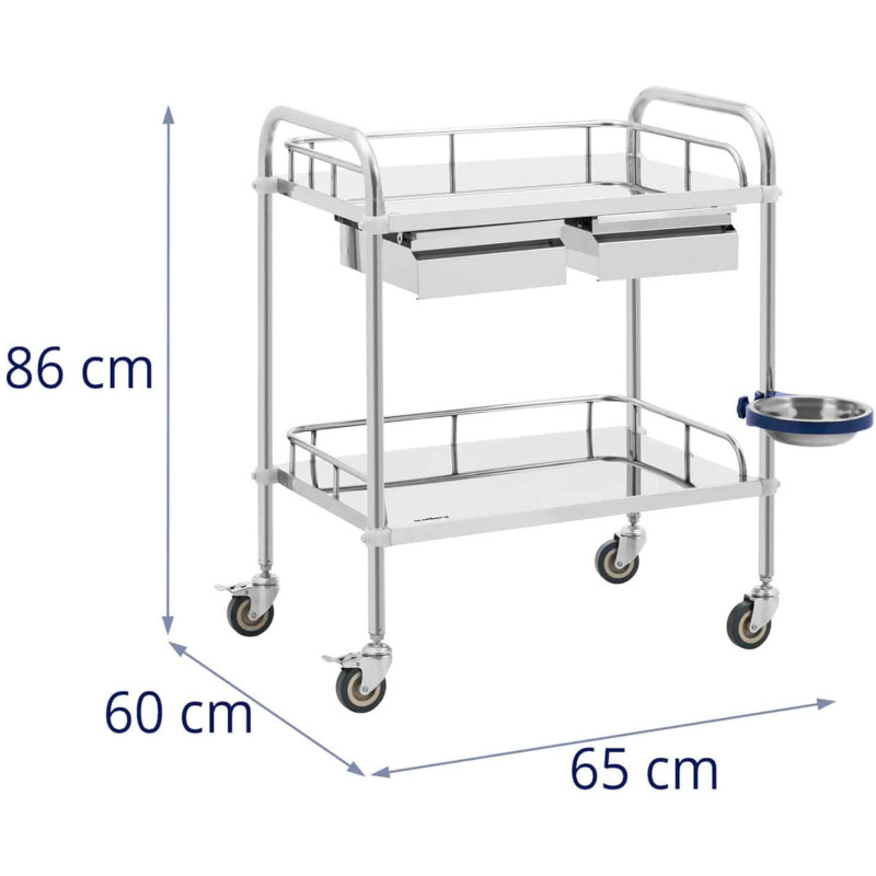 Laboratorinis kosmetinis gydymo vežimėlis pagamintas iš plieno, 2 lentynos, 2 stalčiai, 65 x 60 x 86 cm, 20 kg