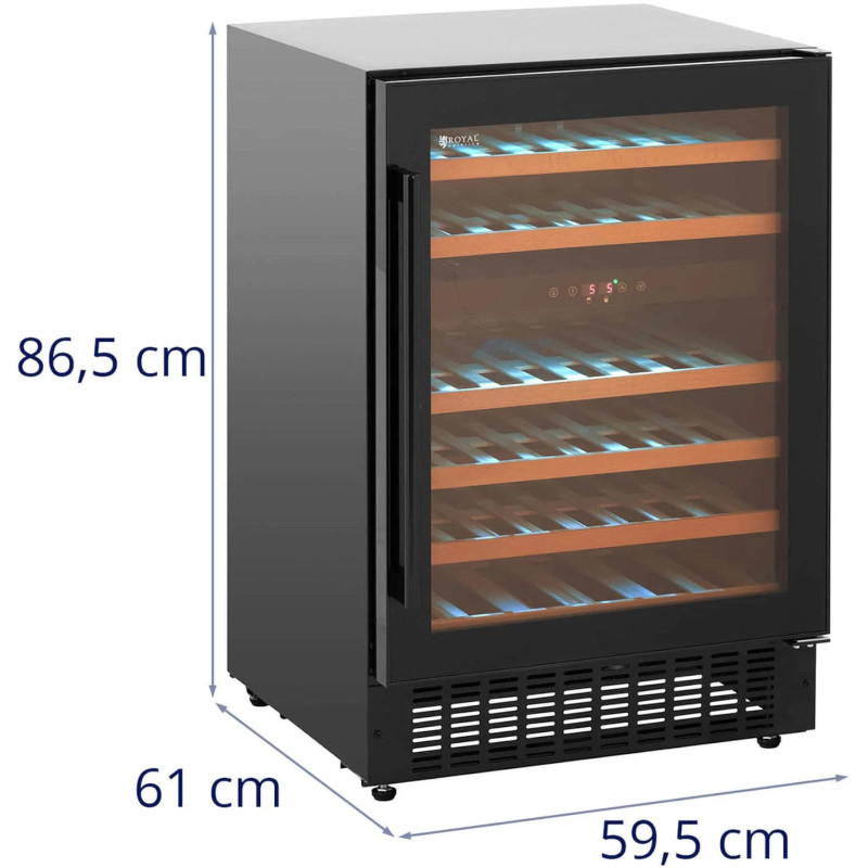 
Vyno šaldytuvas, 6 LED apšviestos lentynos, 46 buteliai, 135L, juoda
