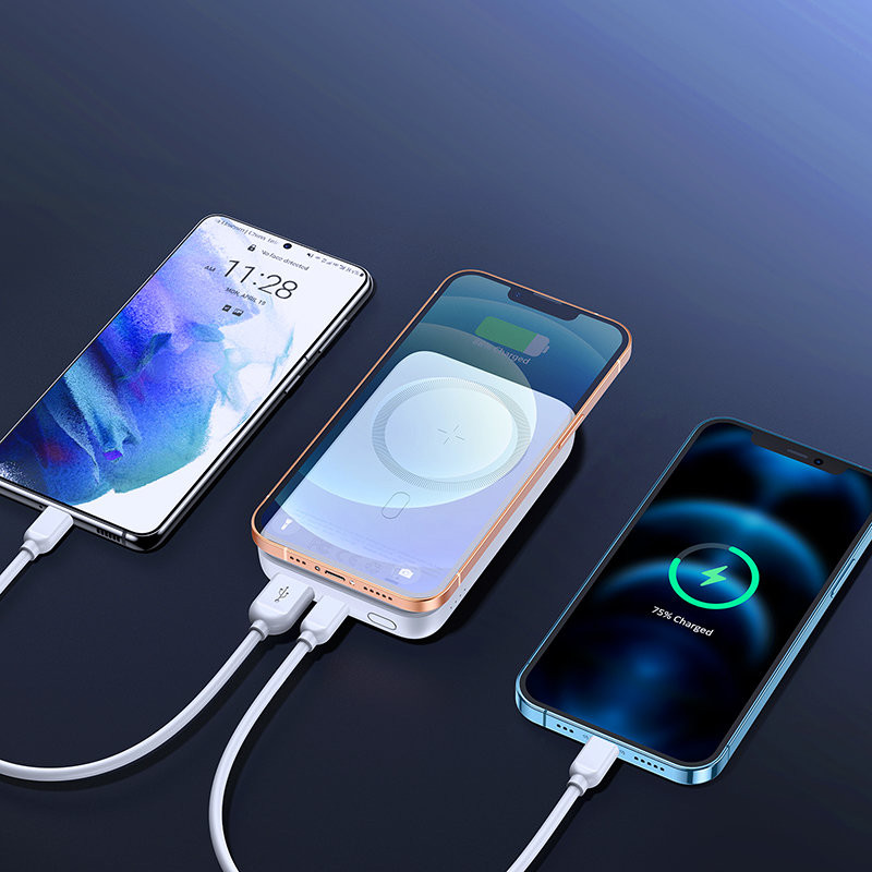 Mini Power Bank 10000mAh magnetinis su QC PD USB USB-C įkrovikliu, baltas