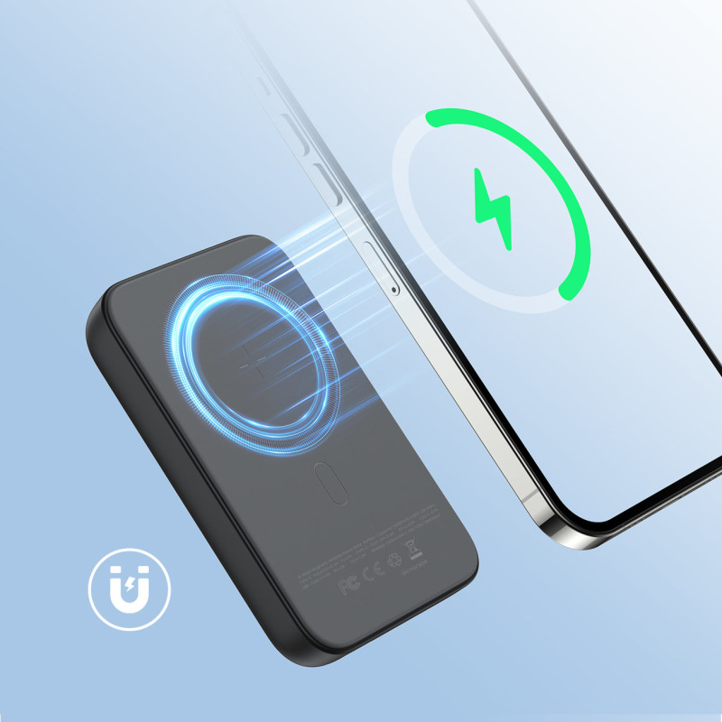 Mini Power Bank 10000mAh magnetinis su QC PD USB USB-C įkrovikliu, juodas