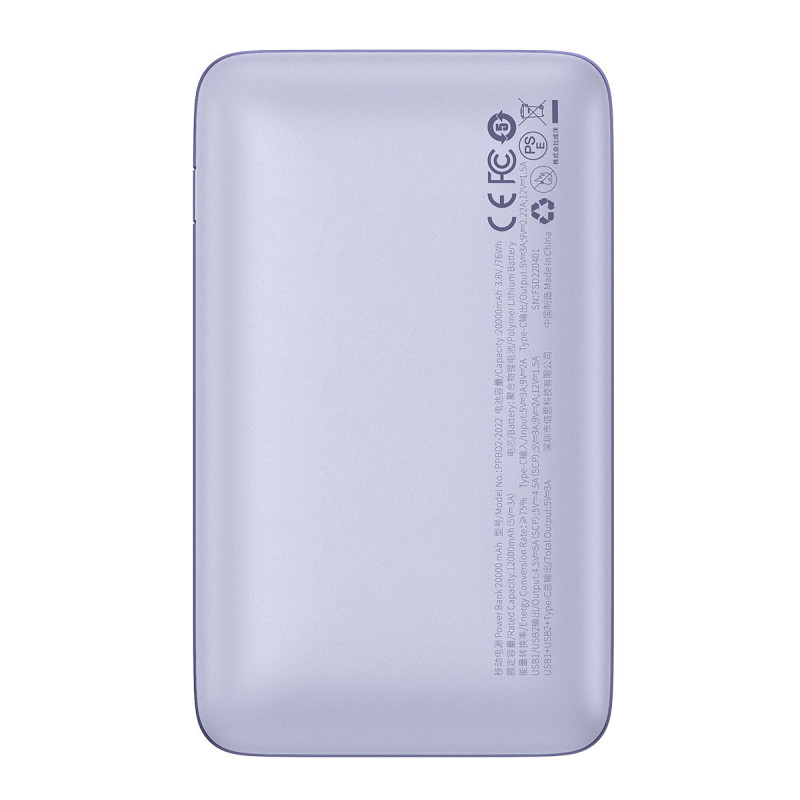 Powerbank Bipow Pro 20000mAh 22,5W su USB-C laidu 0,3m violetinė