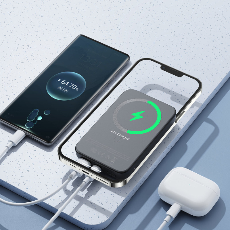 Mini Power Bank 10000mAh magnetinis su QC PD USB USB-C įkrovikliu, juodas