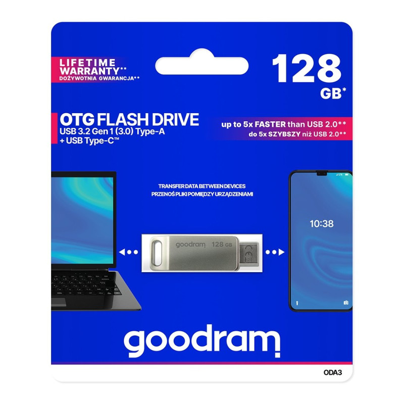 
Pendrive 128GB, dvi USB 3.2 + USB-C OTG ODA3 jungtys, sidabrinė
