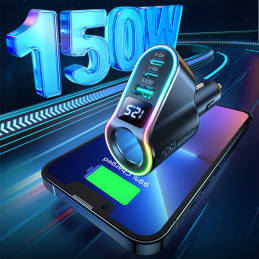 
4in1 greitas USB-A automobilinis įkroviklis 2x USB-C PD 150W juodas
