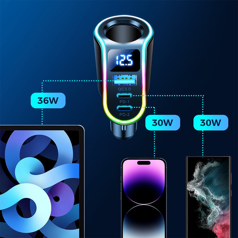 4in1 greitas USB-A automobilinis įkroviklis 2x USB-C PD 150W juodas