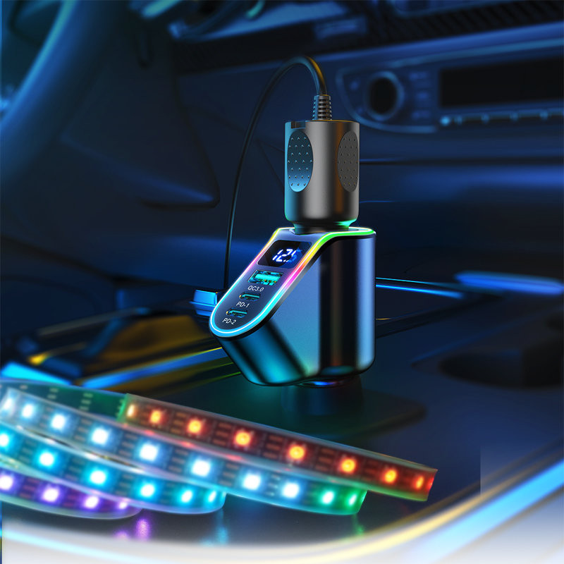 4in1 greitas USB-A automobilinis įkroviklis 2x USB-C PD 150W juodas