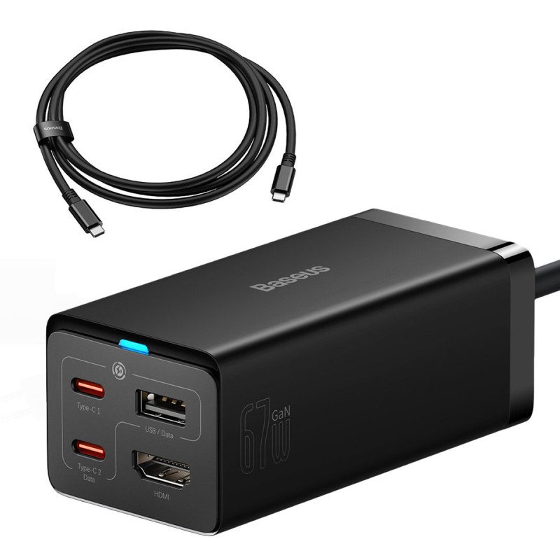 
2in1 GaN5 Pro sieninis įkroviklis + HUB HDMI 4K keitiklis 2x USB-C USB-A juodas
