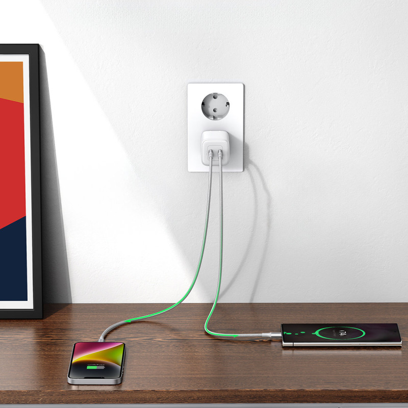 GaN 2x USB-C 45W QC PD greitas įkroviklis, baltas