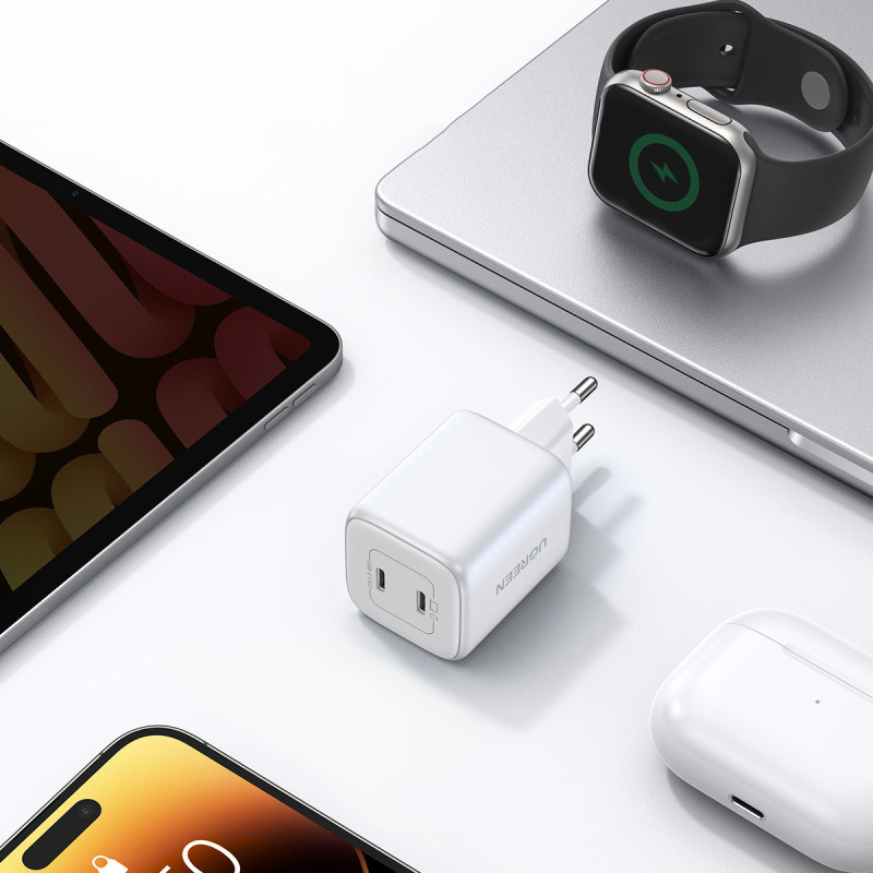 GaN 2x USB-C 45W QC PD greitas įkroviklis, baltas