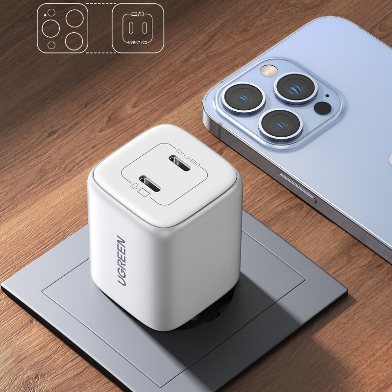 GaN 2x USB-C 45W QC PD greitas įkroviklis, baltas