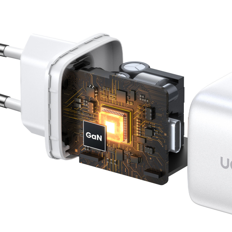 GaN 2x USB-C 45W QC PD greitas įkroviklis, baltas