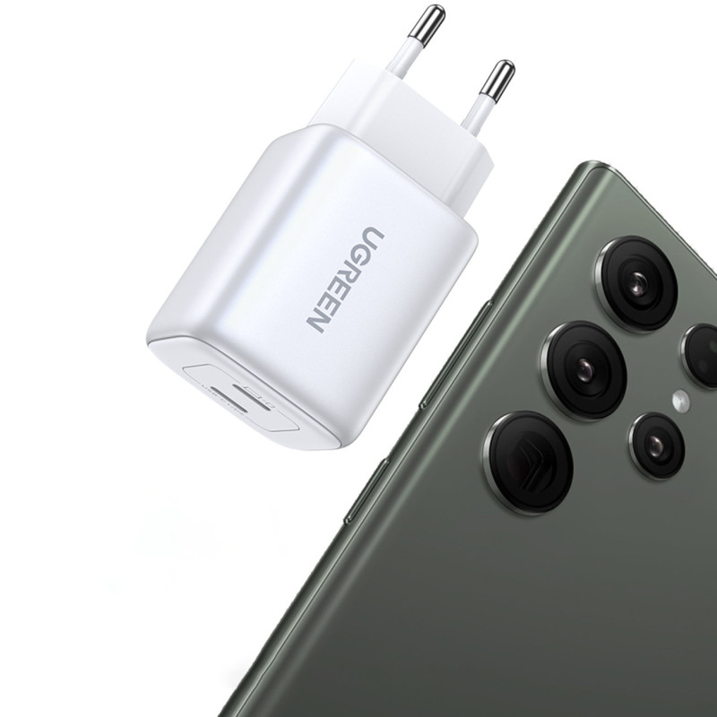 GaN 2x USB-C 45W QC PD greitas įkroviklis, baltas