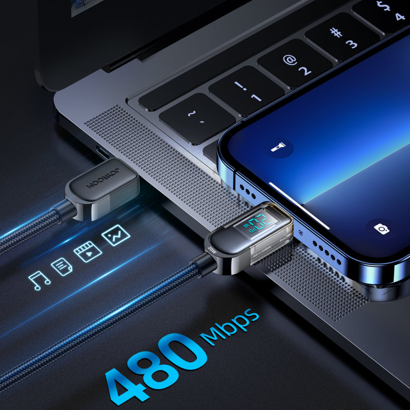 iPhone USB-C - Lightning laidas su ekranu 20W 1,2 m juodas