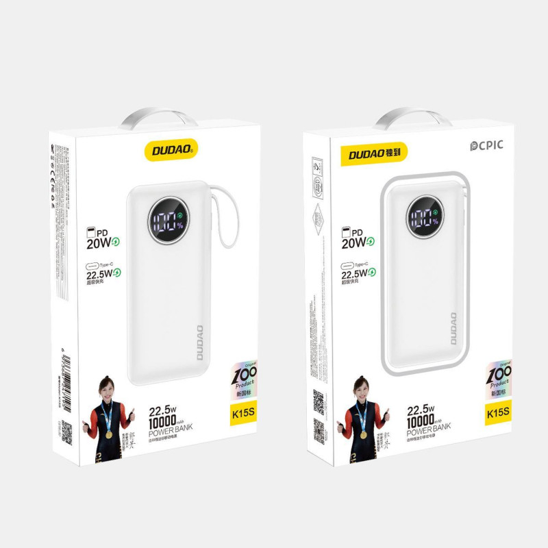 
Powerbank 10000mAh USB-A USB-C su iPhone Lightning ir USB-C laidu, balta
