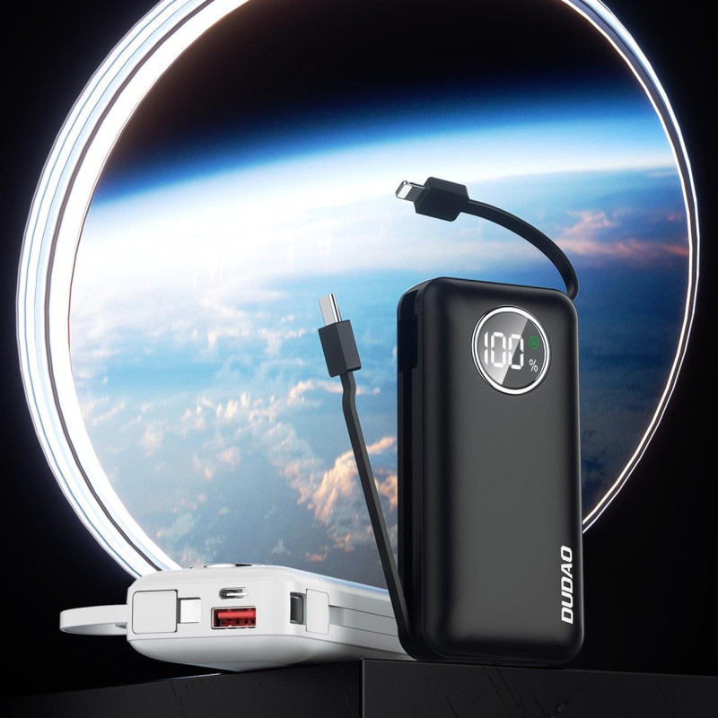 Powerbank 10000mAh USB-A USB-C su iPhone Lightning ir USB-C laidu, juodas