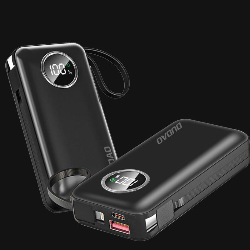 Powerbank 10000mAh USB-A USB-C su iPhone Lightning ir USB-C laidu, juodas