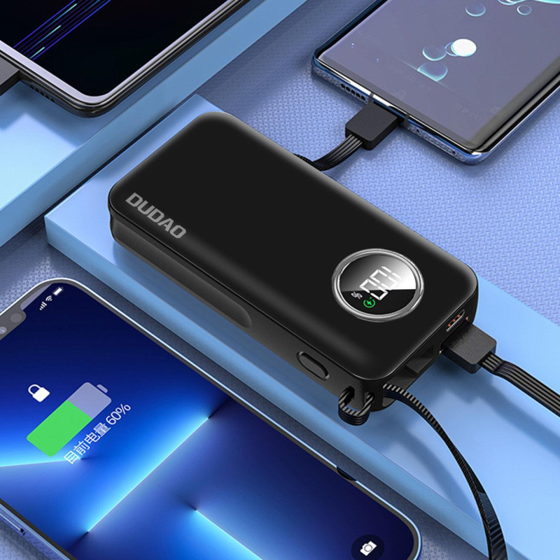 Powerbank 10000mAh USB-A USB-C su iPhone Lightning ir USB-C laidu, juodas