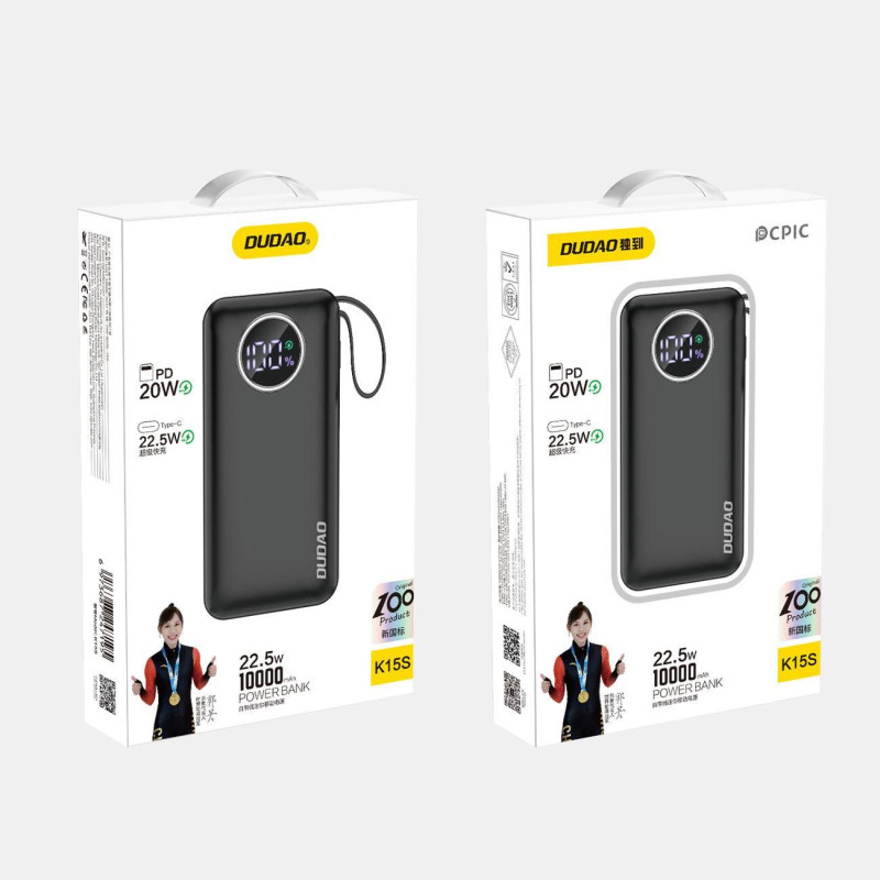 Powerbank 10000mAh USB-A USB-C su iPhone Lightning ir USB-C laidu, juodas