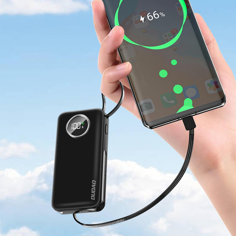 Powerbank 10000mAh USB-A USB-C su iPhone Lightning ir USB-C laidu, juodas