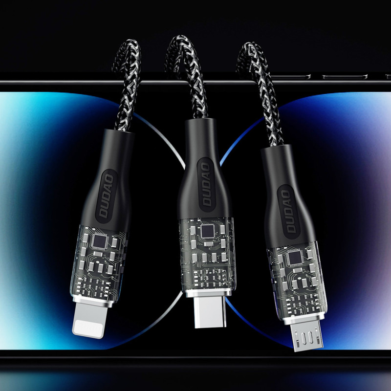 3in1 USB į USB-C microUSB Lightning adapterio laidas 120W 1m sidabrinis