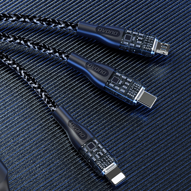 3in1 USB į USB-C microUSB Lightning adapterio laidas 120W 1m sidabrinis
