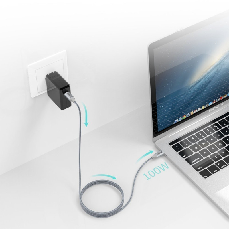 C tipo USB laidas – C tipo USB 5A 100 W galios pristatymas 480 Mbps, 1,8 m pilka