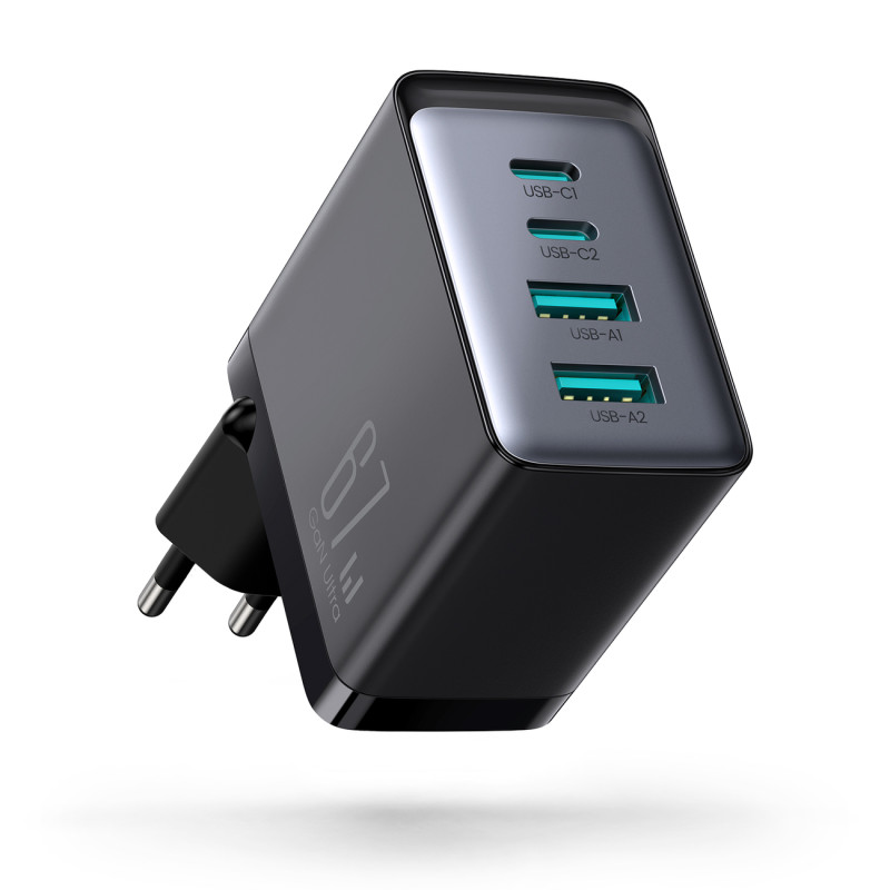 
GaN 67W sieninis įkroviklis 2x USB 2x USB-C + USB-C laidas 1,2 m juodas

