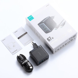 
GaN 67W sieninis įkroviklis 2x USB 2x USB-C + USB-C laidas 1,2 m juodas
