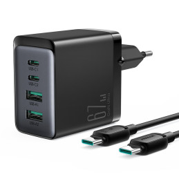 
GaN 67W sieninis įkroviklis 2x USB 2x USB-C + USB-C laidas 1,2 m juodas
