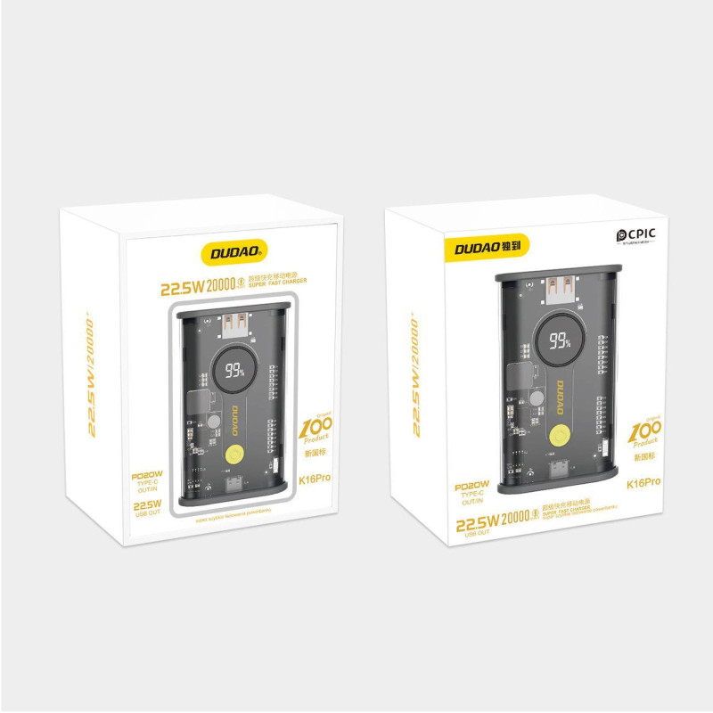 Powerbank K16Pro 20000mAh USB-A USB-C 22,5W PD juoda