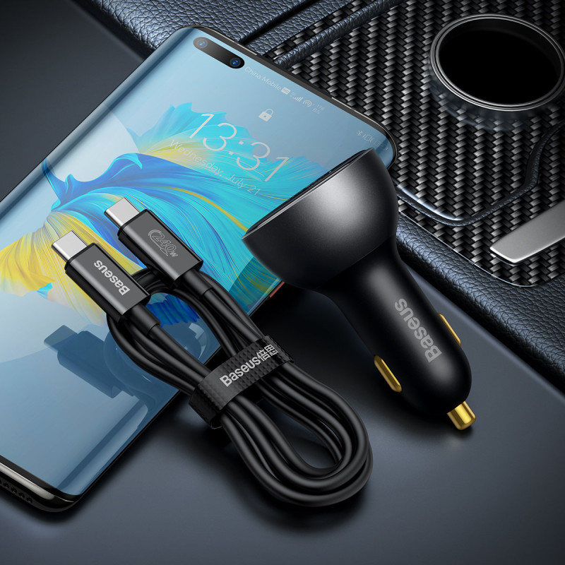 
USB-C PD3.1 automobilinis įkroviklis 140W + USB-C laidas 1m juodas
