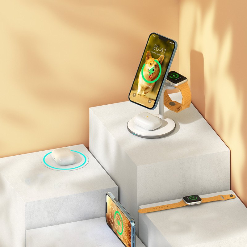 3 viename stovi indukcinio įkrovimo stotelė, skirta iPhone AirPods Pro Apple Watch, juoda