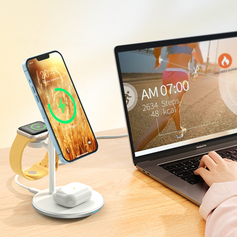 3 viename stovi indukcinio įkrovimo stotelė, skirta iPhone AirPods Pro Apple Watch, juoda