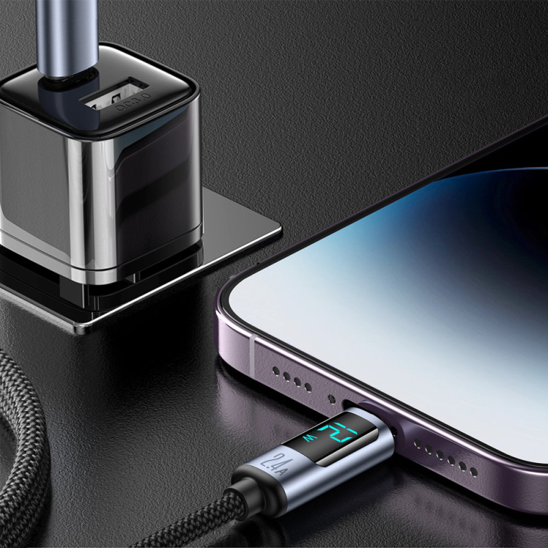 Kabelis iPhone su LED Lightning ekranu - USB-A 2.4A 1.2m juodas