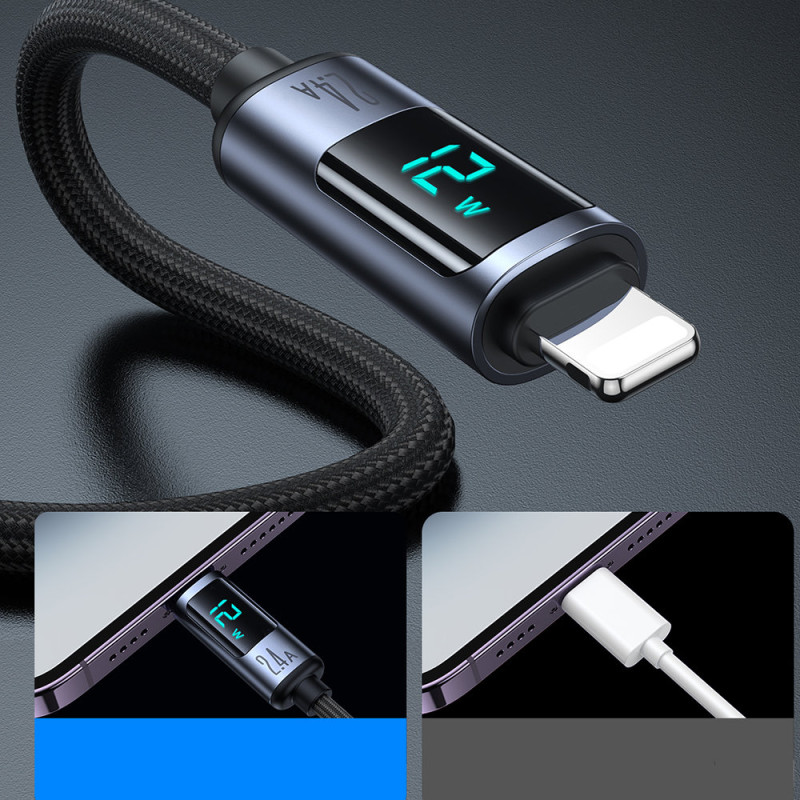 Kabelis iPhone su LED Lightning ekranu - USB-A 2.4A 1.2m juodas