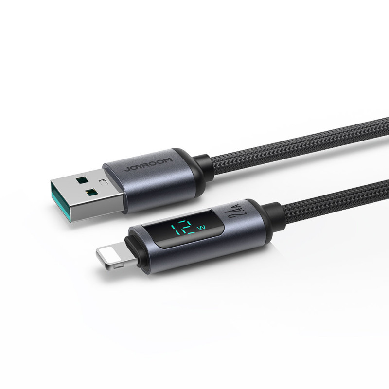 Kabelis iPhone su LED Lightning ekranu - USB-A 2.4A 1.2m juodas