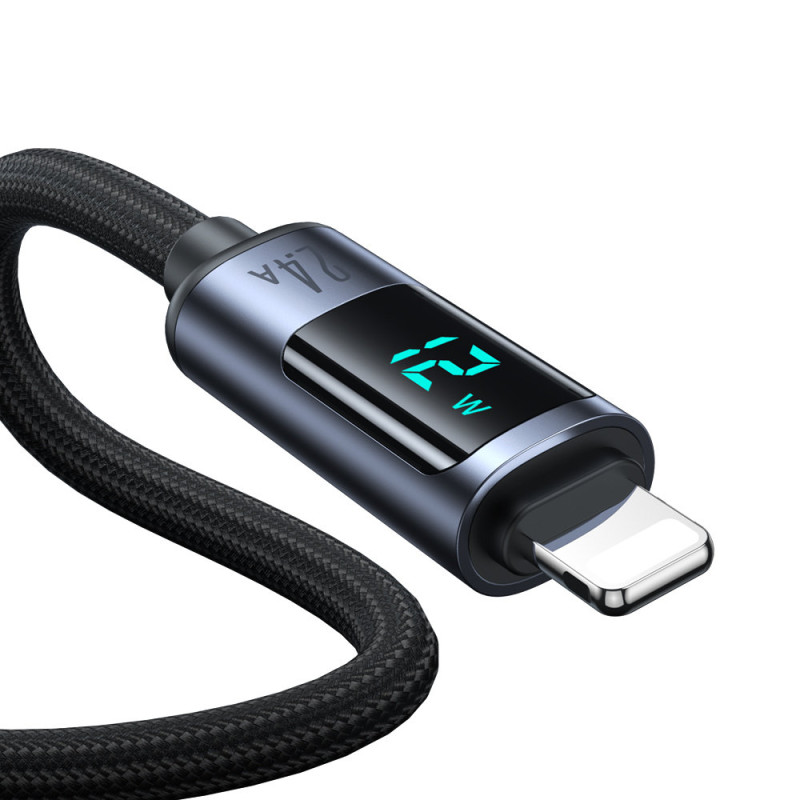 Kabelis iPhone su LED Lightning ekranu - USB-A 2.4A 1.2m juodas
