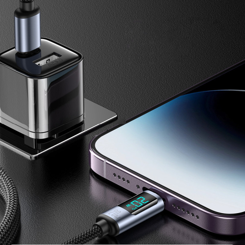 Kabelis iPhone su LED Lightning ekranu – USB-C 2.4A 1.2m juodas