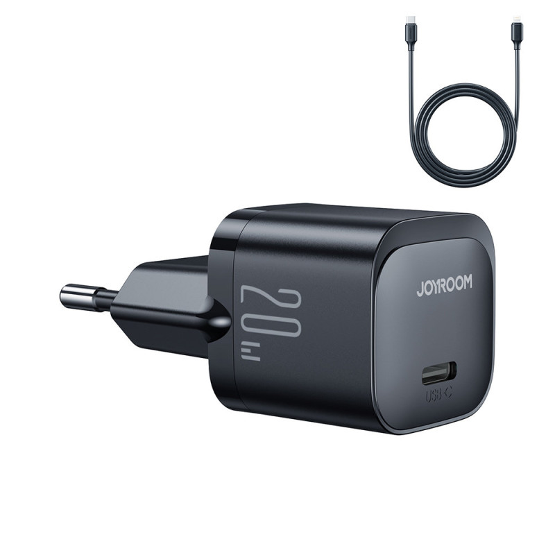 
Mini USB-C 20W PD įkroviklis su laidu iPhone Lightning, juodas
