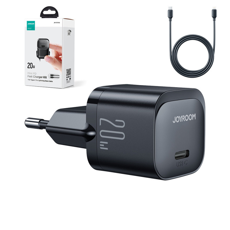 Mini USB-C 20W PD įkroviklis su laidu iPhone Lightning, juodas