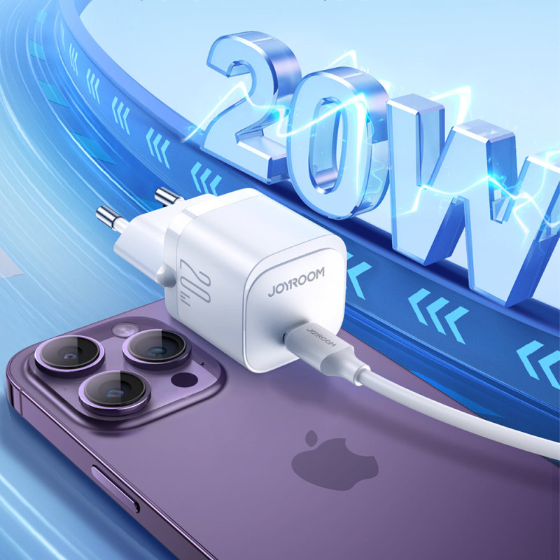 Mini USB-C 20W PD įkroviklis su laidu iPhone Lightning, baltas
