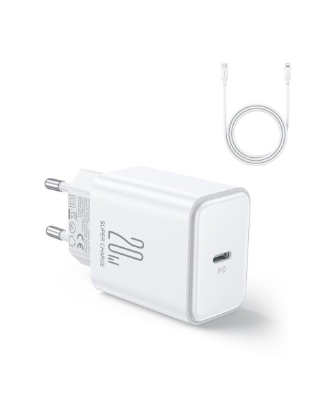 
USB-C 20W PD tinklo įkroviklis su laidu iPhone Lightning, baltas
